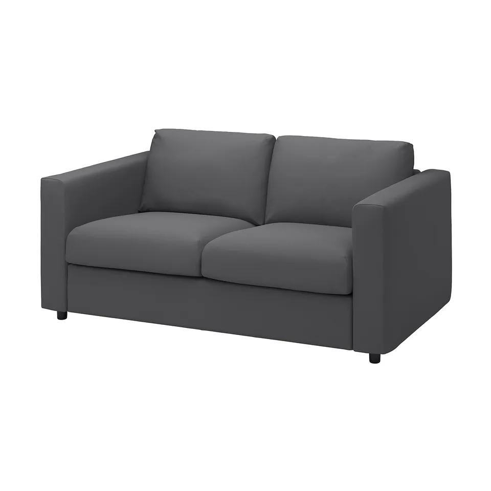 Modern, grey, 2-seat VIMLE sofa with clean lines, soft fabric, and slightly textured pattern.