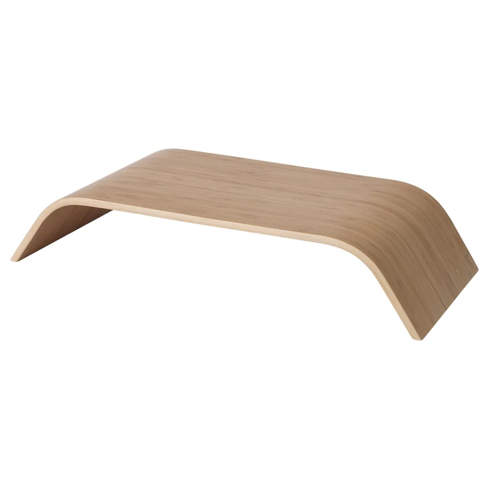 A light wood-colored bamboo monitor stand named SIGFINN. Its sleek, curved design elevates and supports computer monitors comfortably.