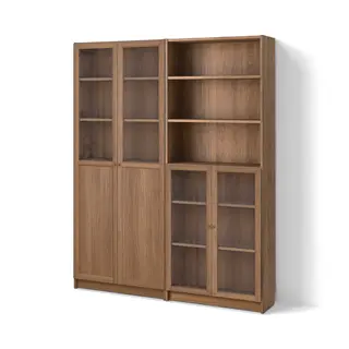 BILLY / OXBERG bookcase comb w panel/glass doors, brown/walnut effect, Width 160 x Depth 30 x Height 202 cm