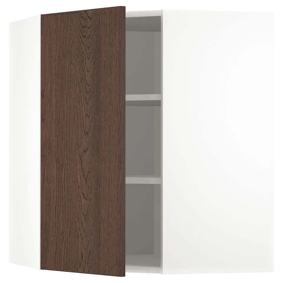Open dark brown wooden cabinet with white interior shelves.