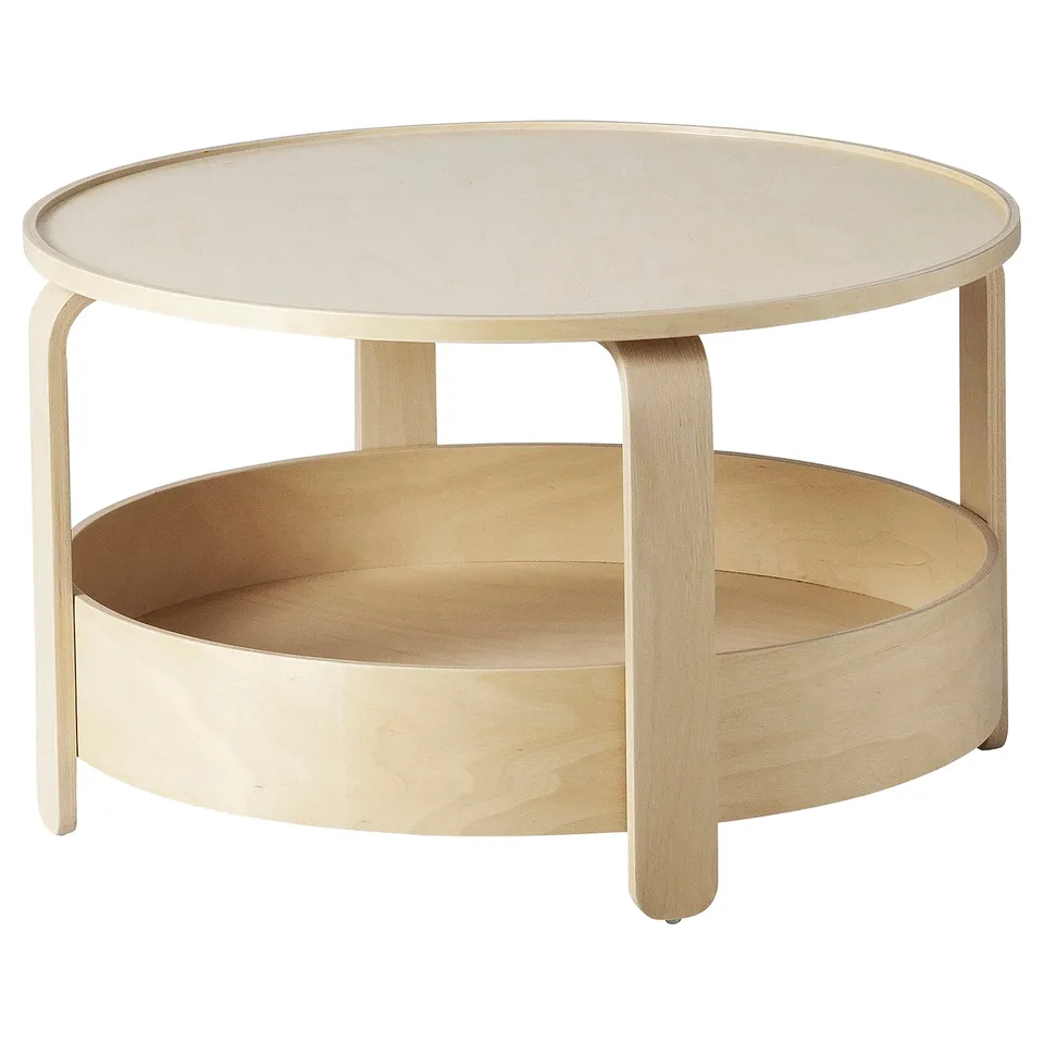 BORGEBY round light wooden coffee table with lower shelf, light beige, birch veneer.