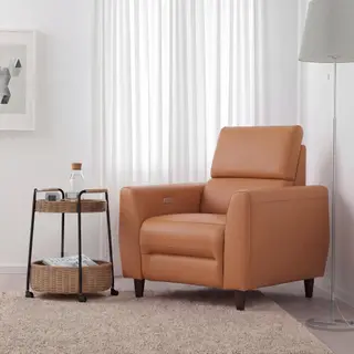 RULLERUM/LUBBAN Recliner, electric/Trolley table with storage, Grann/Bomstad golden-brown + rattan/anthracite, Depth 94 x Width 97 cm