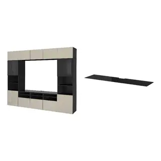 BESTÅ set: TV storage combination/glass doors + top panel for TV, black-brown/Selsviken high-gloss/beige clear glass + glass black, 300x42x231 cm