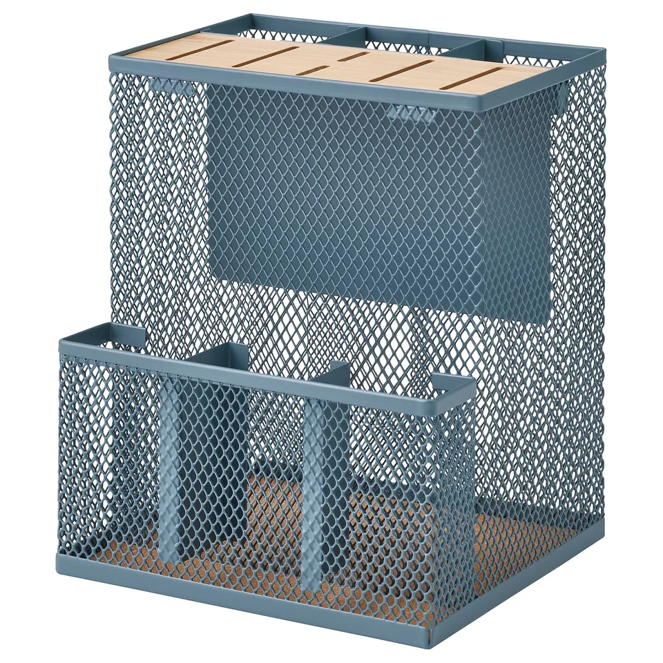 VIMPELFISK knife block, blue, wire mesh, rectangular, holds knives and utensils, bamboo top.