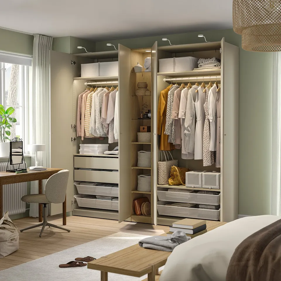 PAX / FORSAND Wardrobe combination, grey-beige grey-beige/oak effect, 235x60x236 cm