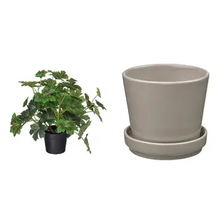 FEJKA/KLOTLÖNN set: artificial potted plant + plant pot with saucer, in/outdoor Dusky cranesbill + in/outdoor/grey/beige