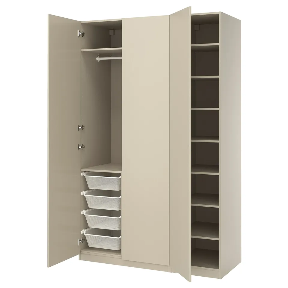 An open beige PAX wardrobe with shelves and mesh baskets.