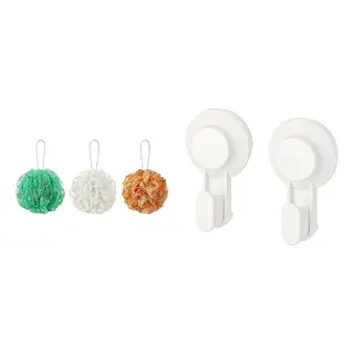 TISKEN/ÅBYÅN set: body puff, set of 3 + hook with suction cup, orange/green/white + white