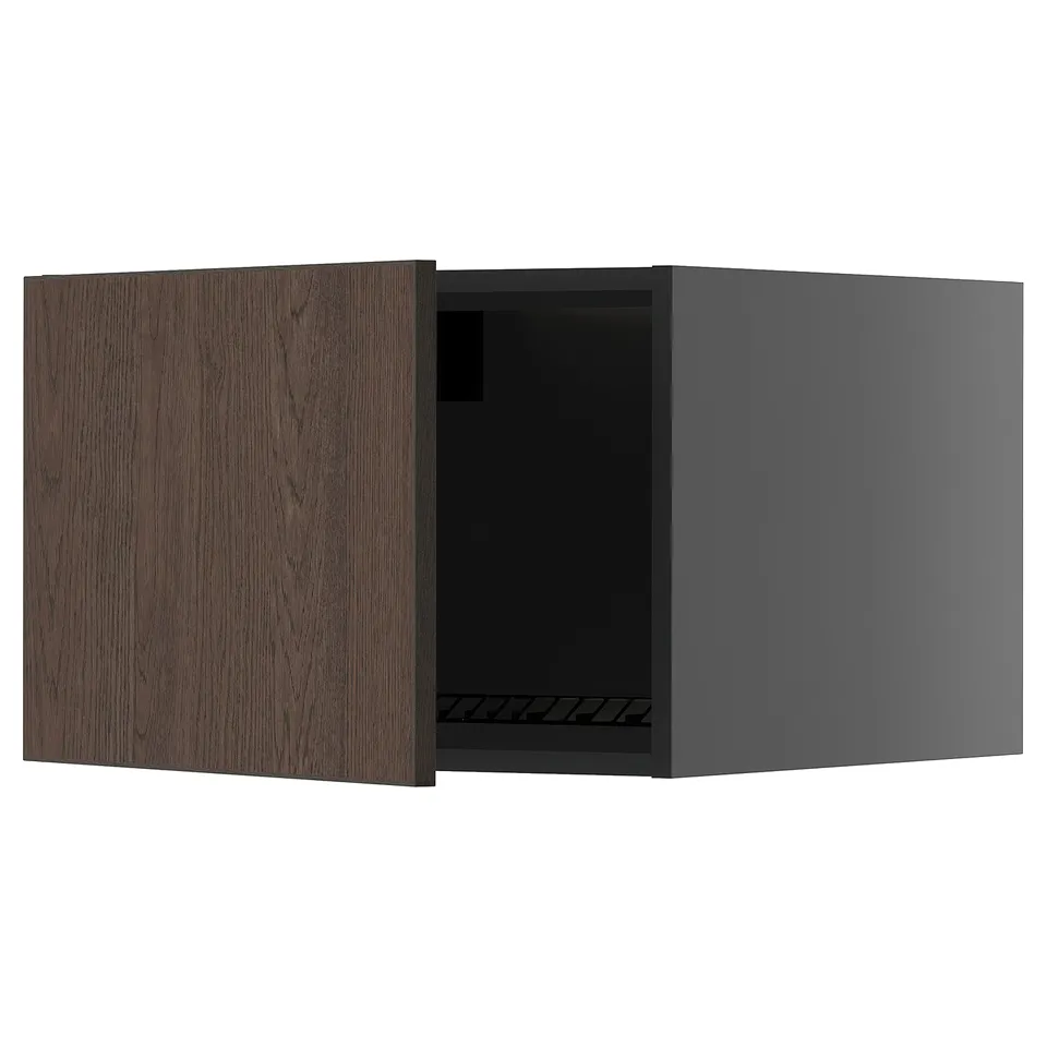Open dark brown METOD kitchen cabinet, oak, square.