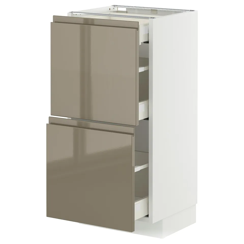 Modern kitchen cabinet, METOD, high gloss dark grey-brown, sleek handles, metallic finish, rectangular shape, elegant design.