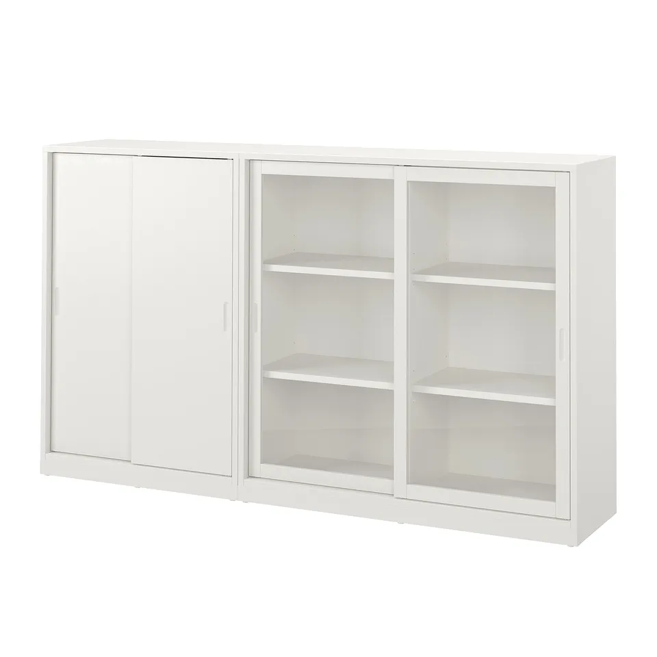 Off-white TONSTAD storage unit with sliding glass doors, three open shelves, sleek modern design.