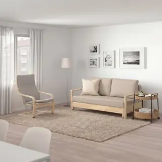 TORNSBORG/LUBBAN/POÄNG 2-seat sofa-bed/Trolley table with storage/Armchair, Naggen beige/pine + rattan/anthracite + birch veneer/Knisa light beige, Depth 95 x Height 82 x Width 154 cm