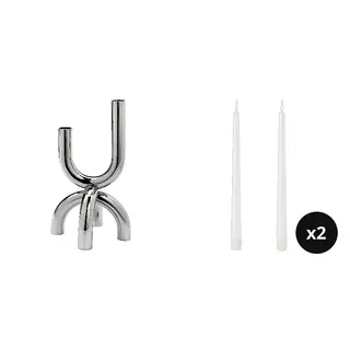 SMÅLOM/SNÖDUVA set: candlestick + LED taper candle x2, for 2 candles silver-colour + battery-operated white, 25 cm