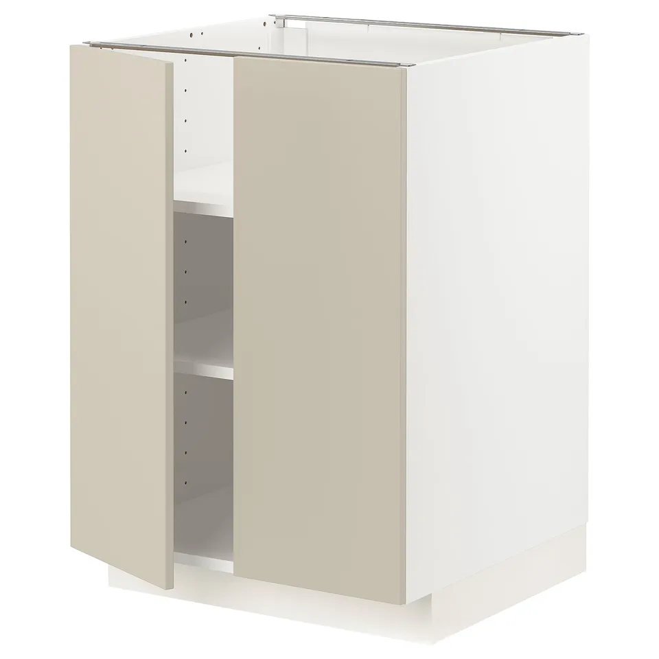A white METOD kitchen cabinet with beige doors. It has an adjustable shelf and is designed for a smooth, clean look.