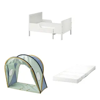 ELDFLUGA/SUNDVIK/ÖMSINT set: ext bed frame with slatted bed base + bed tent + pocket spring mattress for ext bed, white + blue/green, 80x200 cm