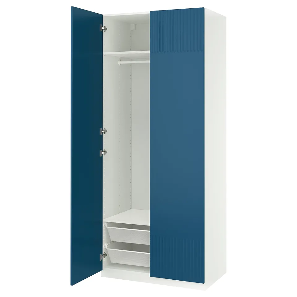 A blue and white PAX wardrobe with open door, mesh basket, and hanging space.