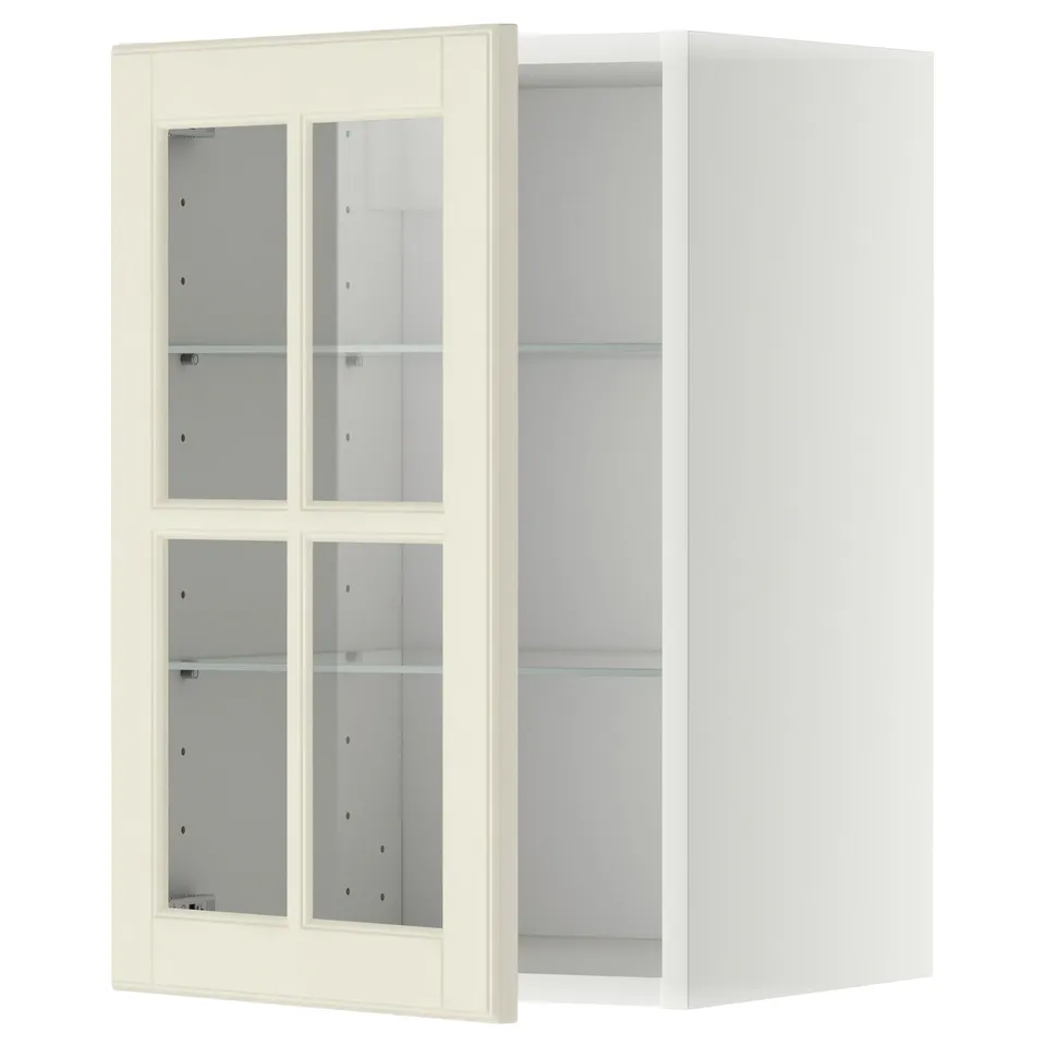 A white METOD wall cabinet with glass doors, three shelves, and adjustable design.