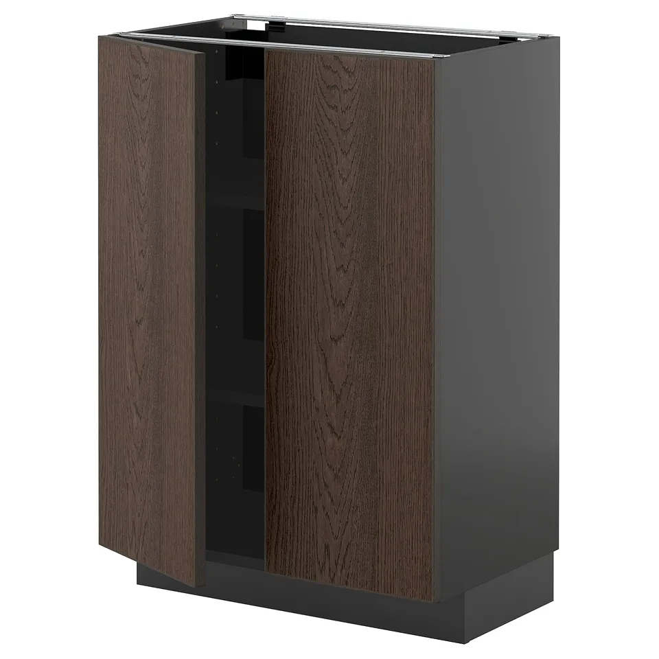 A dark grey METOD kitchen cabinet with brown wood doors, featuring adjustable shelves and a sturdy frame.
