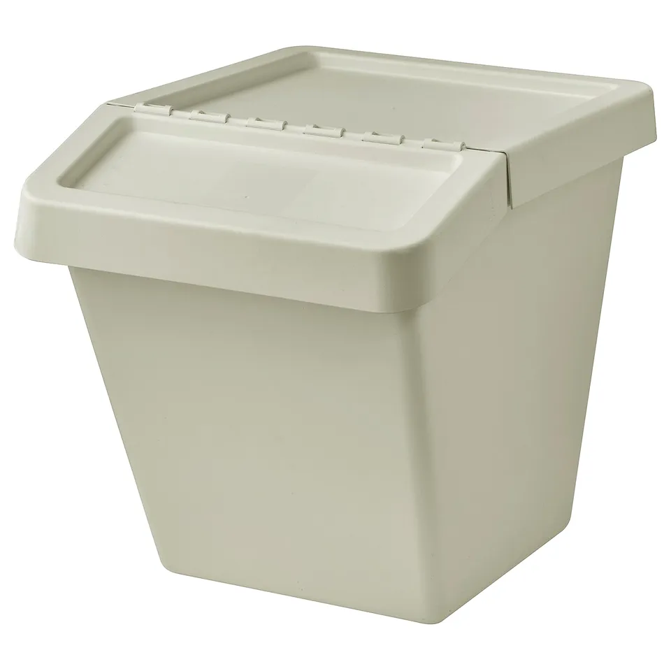 White SORTERA waste bin, recycled plastic, foldable lid.