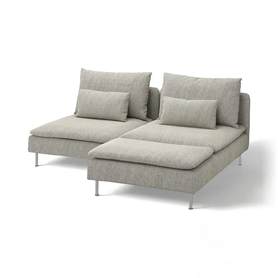 Modern, light grey, corner sectional sofa with plush cushions and metal legs.
