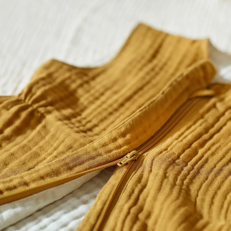 Close-up of soft, golden-brown, gots-certified organic cotton sleep bag.
