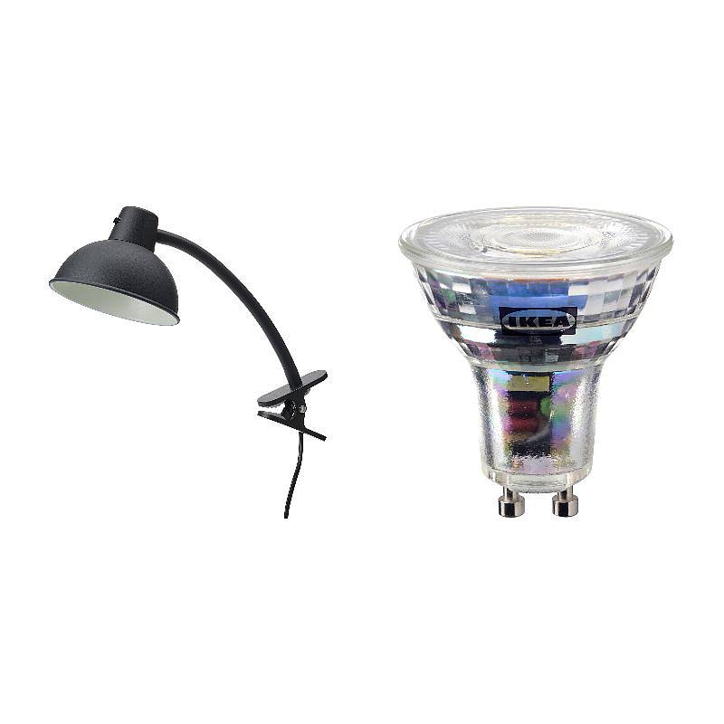 SKURUP/SOLHETTA set: clamp spotlight + LED bulb GU10 345 lumen, black + dimmable, Length 47 cm