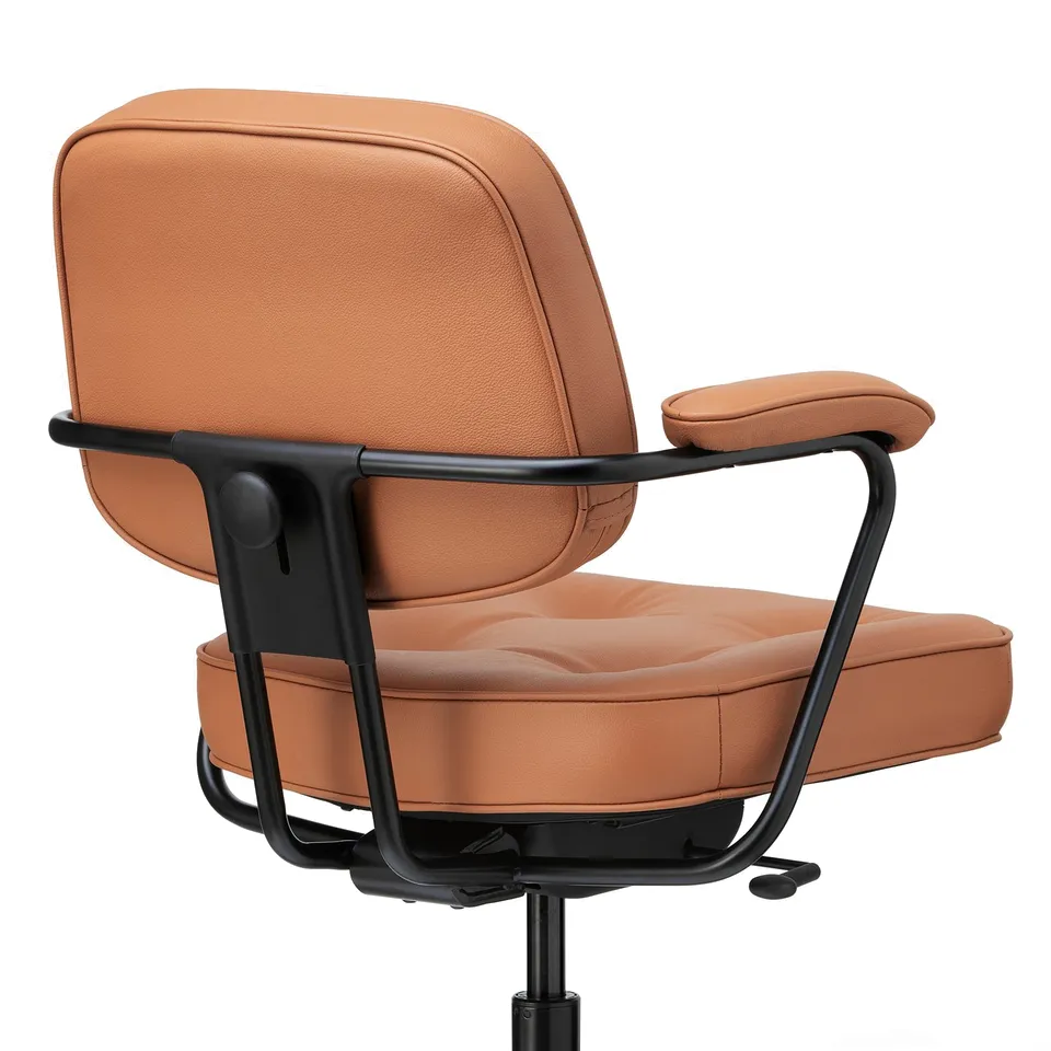 Elegant office chair with supple brown leather, black metal arms, and adjustable lumbar support for comfort.