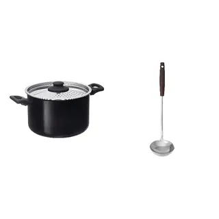 HEMLAGAD/SLITSTARK set: pot with lid + ladle with separator, non-stick coating black + stainless steel/walnut, Height 15 cm