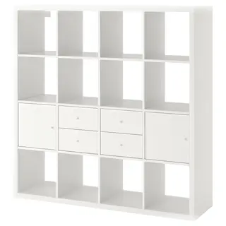 KALLAX shelving unit with 4 inserts, white, 147x147 cm