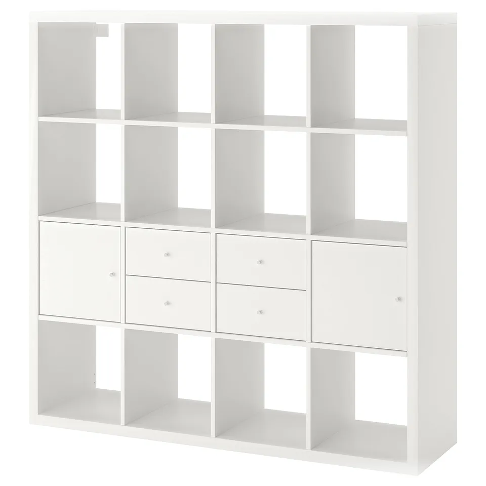 White KALLAX storage unit, cube shape with mix of drawers and shelves, modern and clean design.