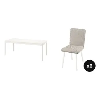 TONSTAD set: dining table + chair x6, off-white + Fridtuna light beige/off-white, 200x85 cm