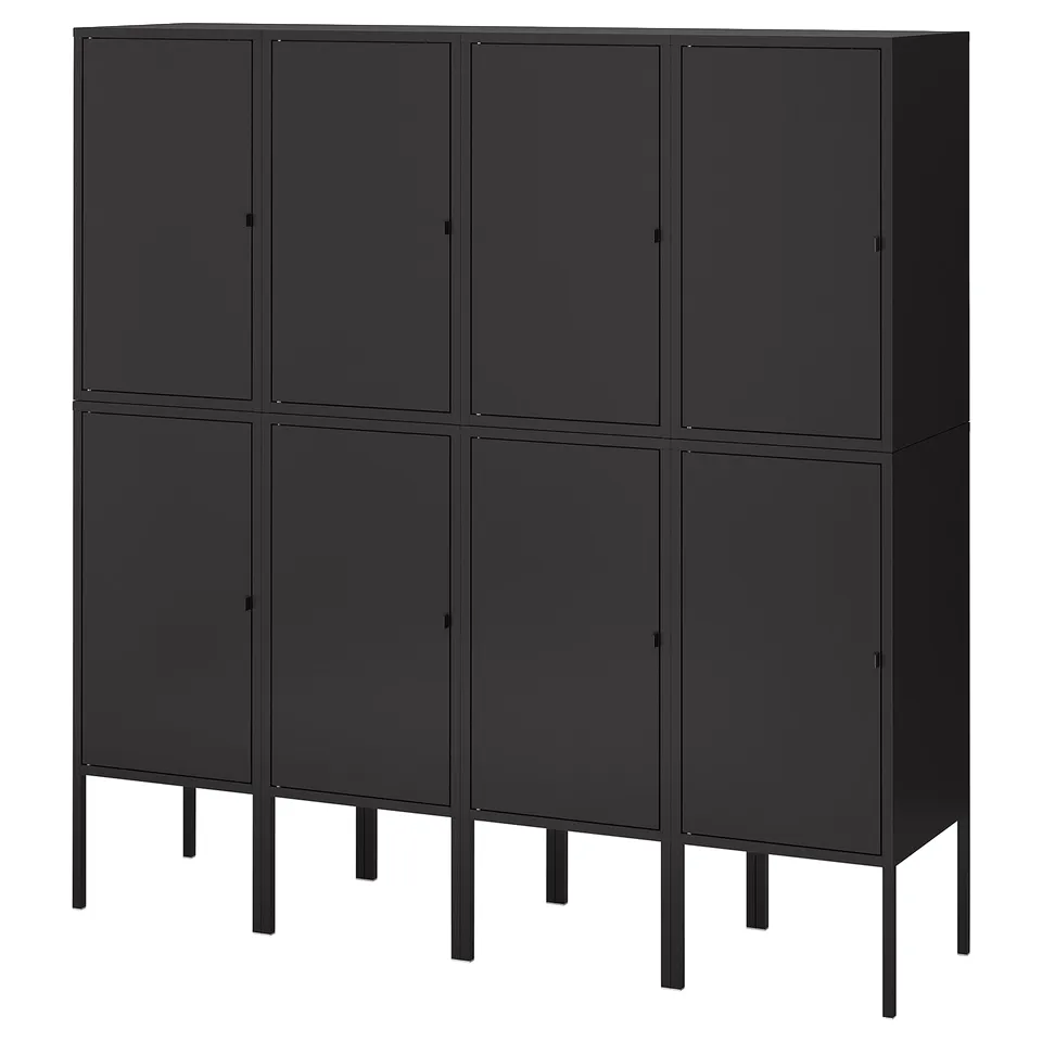 A LIXHULT black metal storage unit with two rows of three doors each, standing on thin metal legs.