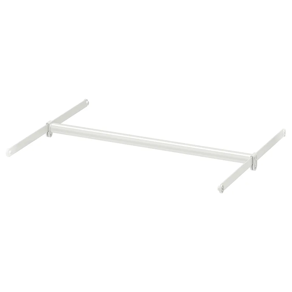 A white, metal HJÄLPA adjustable clothes rail. It has three arms for hanging items and attaches to suspension rails.