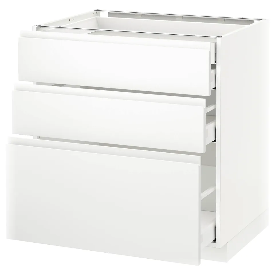 White METOD kitchen unit with three drawers, sleek minimalist design.