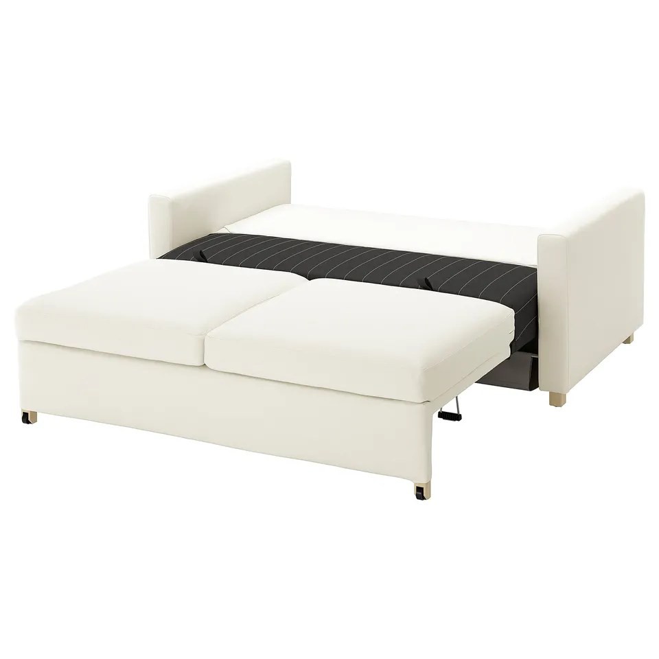 Modern white sofa bed with sleek lines and sturdy frame, minimalist design with built-in pillows.