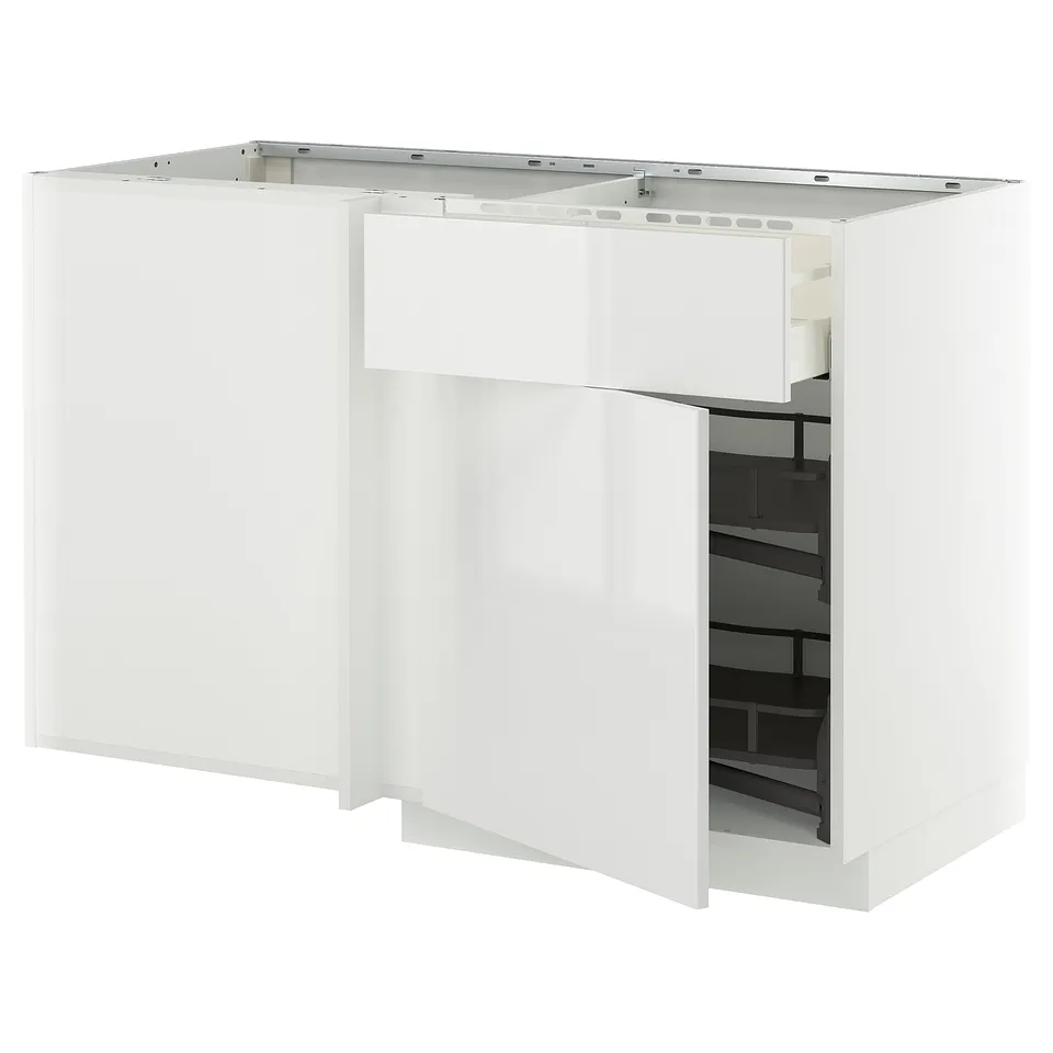 White METOD kitchen unit with glossy doors and pull-out shelf, modern design.