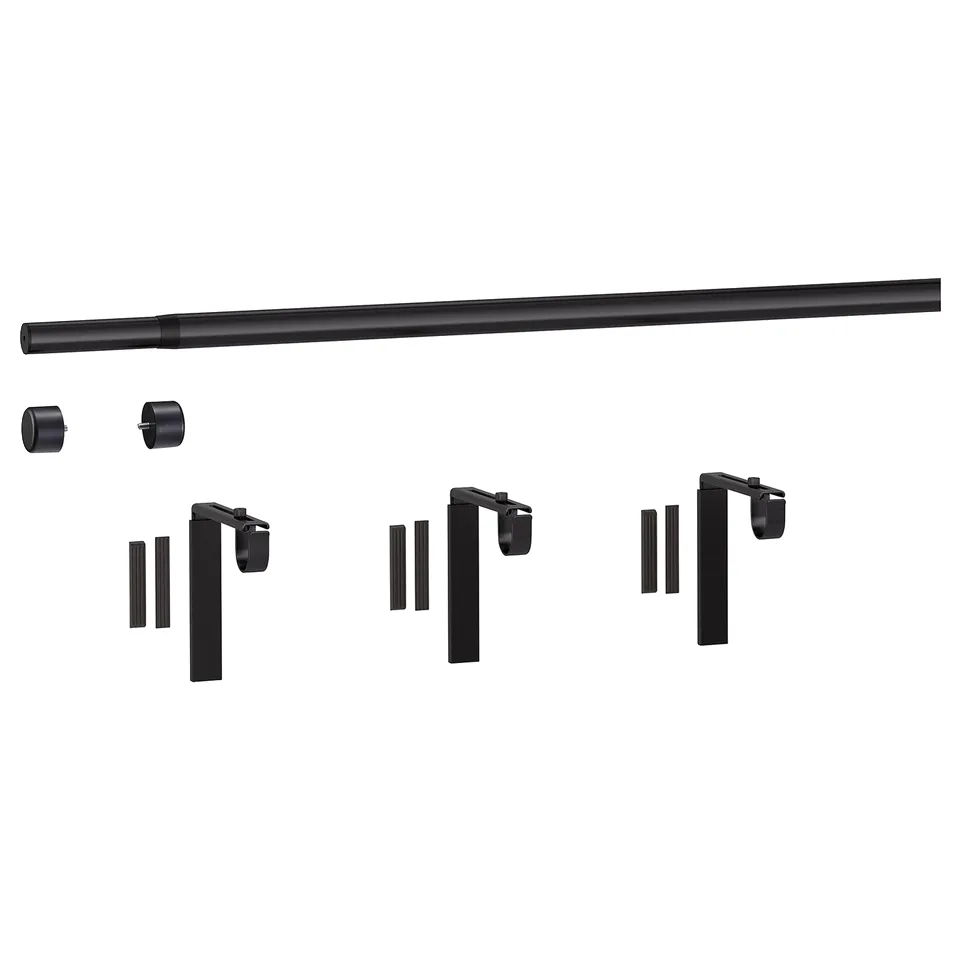 Black HUGAD curtain rod kit; includes rod, 3 brackets, 2 finials, all in matte black; suitable for wall or ceiling mounting.