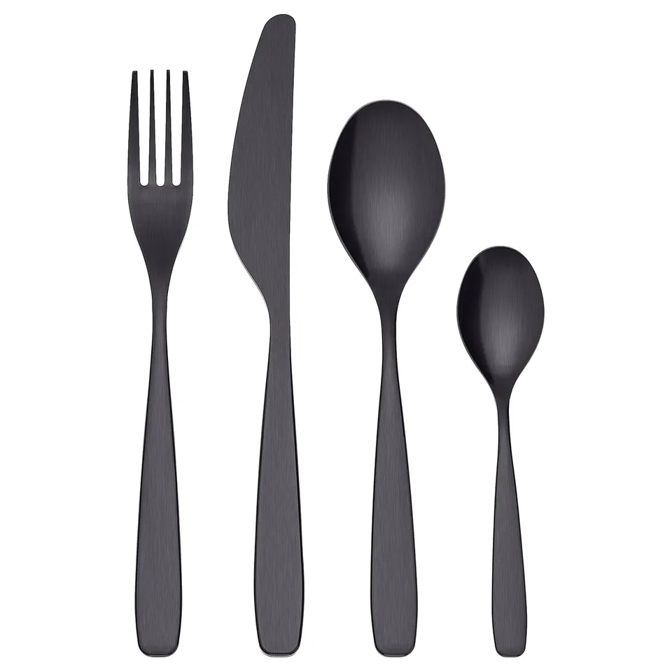 Modern black stainless cutlery set: fork, knife, large & small spoons.