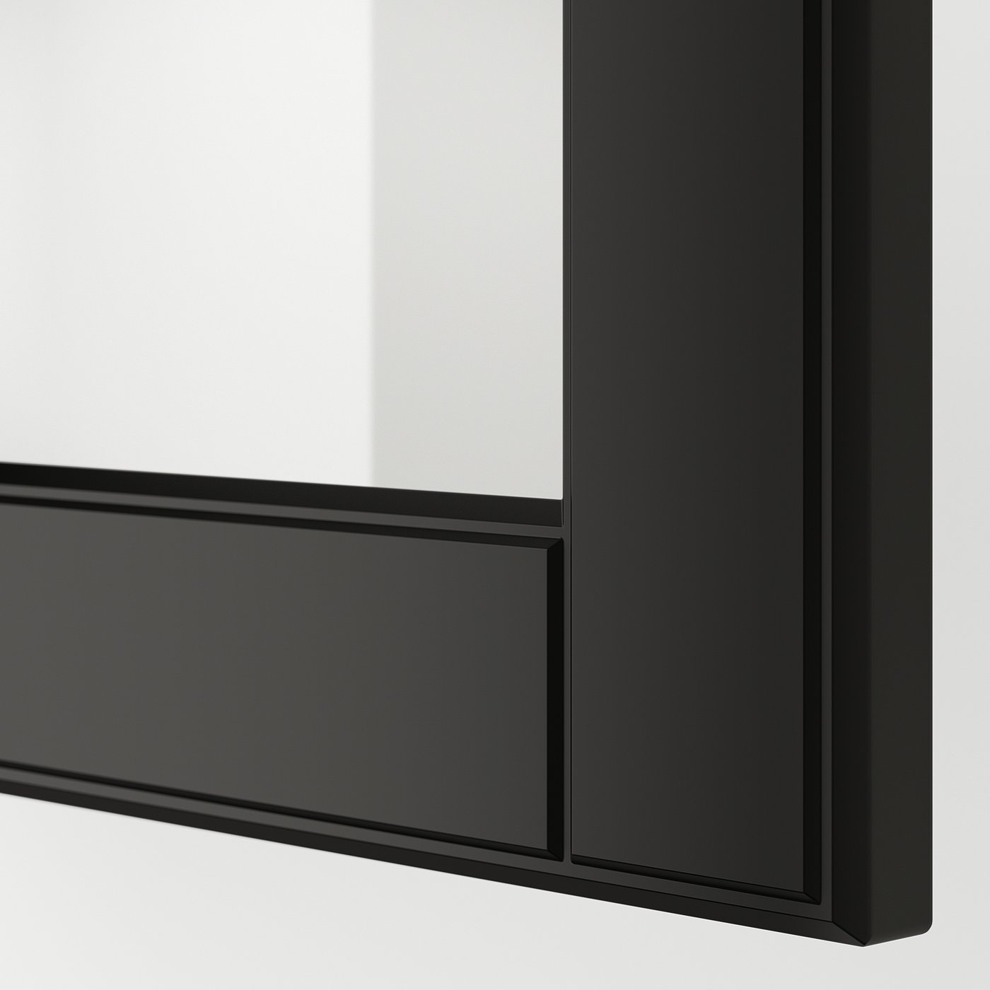 Close-up of sleek, black-framed glass door with bevelled edges, showcasing smooth surface and modern design.