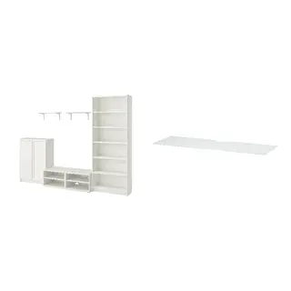 BESTÅ/BILLY set: TV storage combination + top panel for TV, white + glass white/light green, 280x40x202 cm