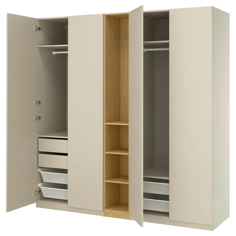 PAX / FORSAND Wardrobe combination, grey-beige grey-beige/oak effect, 235x60x236 cm