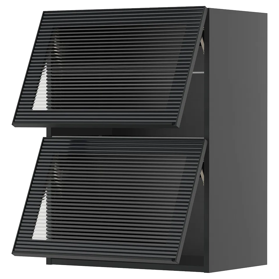 Two dark grey modern kitchen cabinets with sleek, horizontal slatted doors.