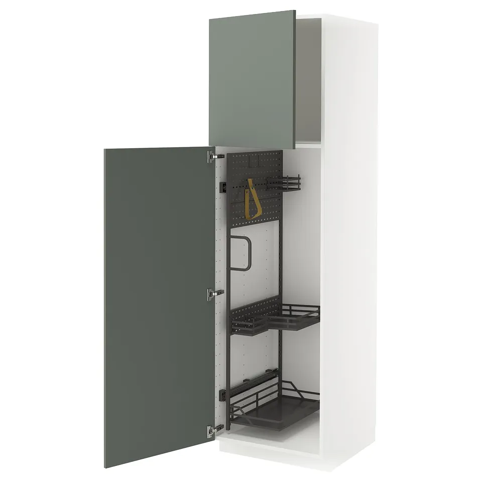 Modern grey-green METOD kitchen cabinet with metal & pull-out organisers.