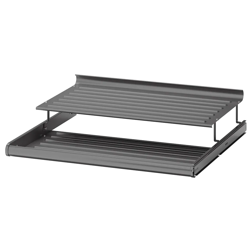 KOMPLEMENT grey metal shoe shelf, two-tier design, pulls out for easy access.