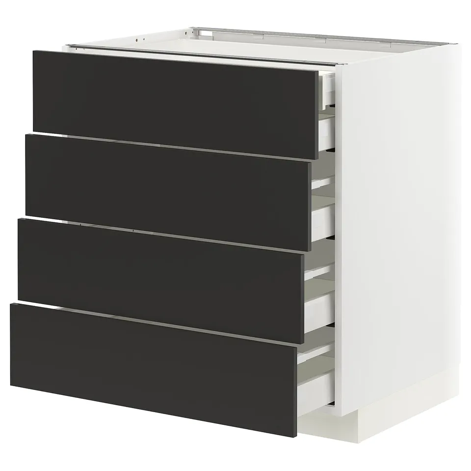 Modern kitchen cabinet, METOD series, in white with 4 black drawers, sleek design.