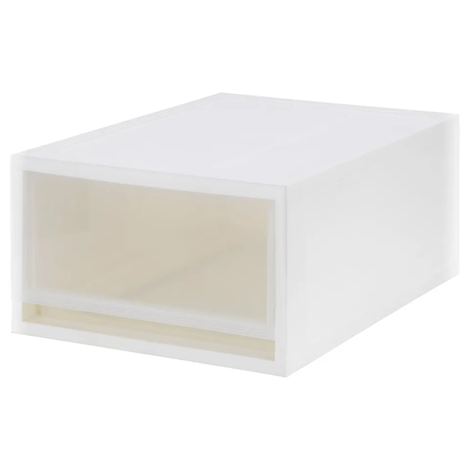 A white soprot storage drawer made of polypropylene plastic, designed to be stacked and pulled out.