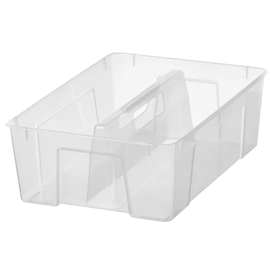 A clear plastic SAMLA storage box insert with two compartments and a handle, designed for organising small items in drawers or larger storage boxes.