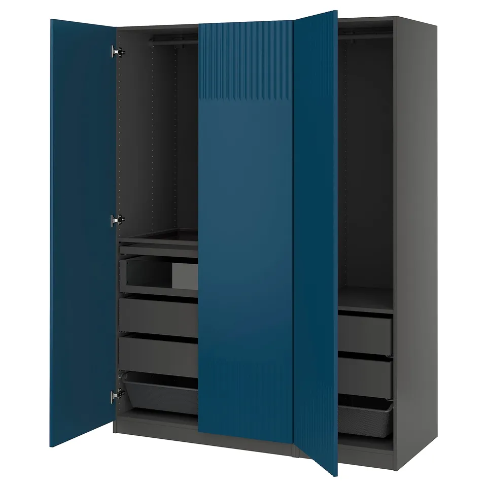 Blue PAX wardrobe with drawers and shelves.