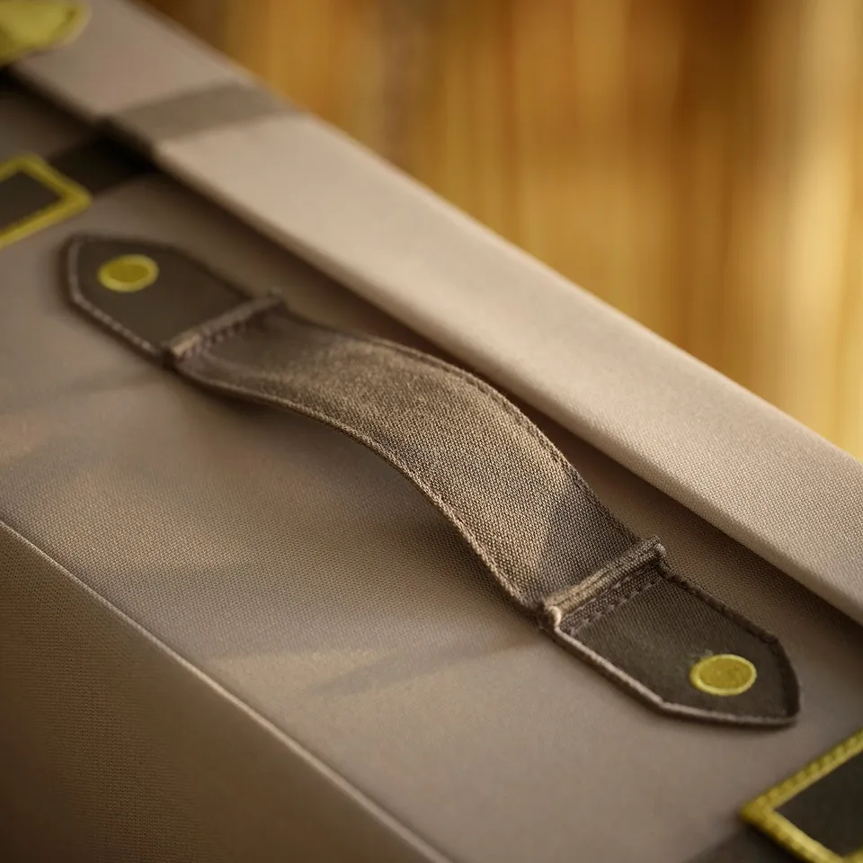 Trunk with sturdy, recycled fabric and secure fasteners for durable storage.