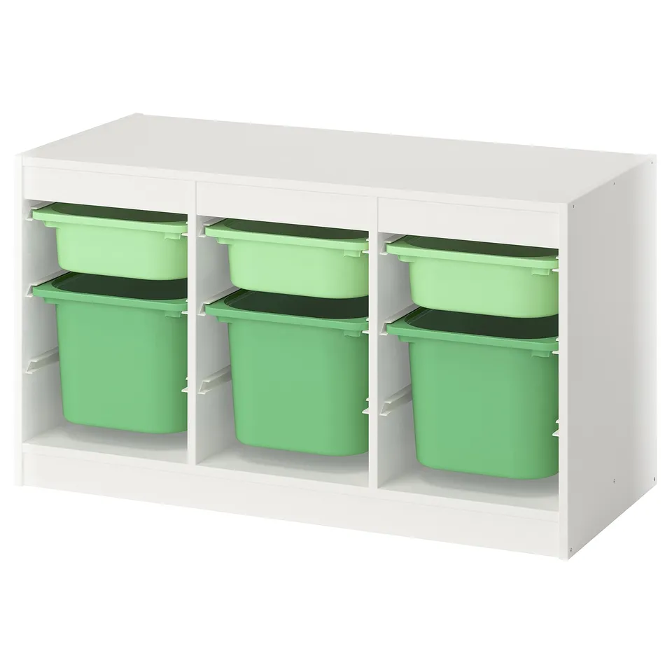 TROFAST, white storage unit, green bins, square shape, modular design, kids storage.